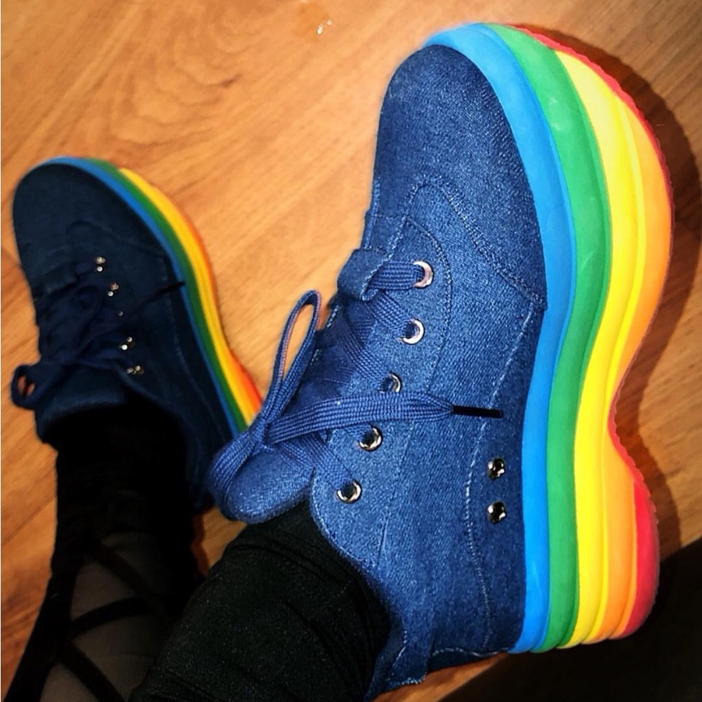 Blue Denim Platform Sneakers with Rainbow Sole